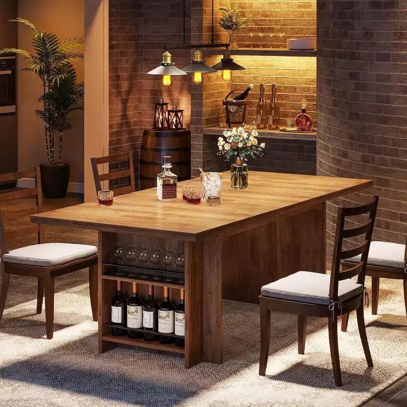 Table à manger rectangulaire de style rustique noire/marron/marron clair avec rangement pour 6 personnes