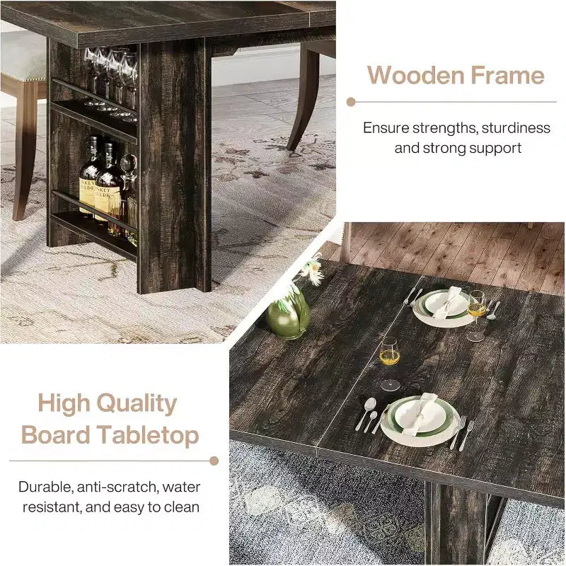 Table à manger rectangulaire de style rustique noire/marron/marron clair avec rangement pour 6 personnes