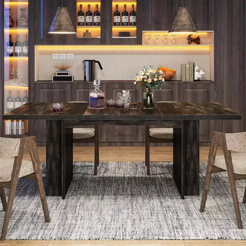 Table à manger rectangulaire de style rustique noire/marron/marron clair avec rangement pour 6 personnes