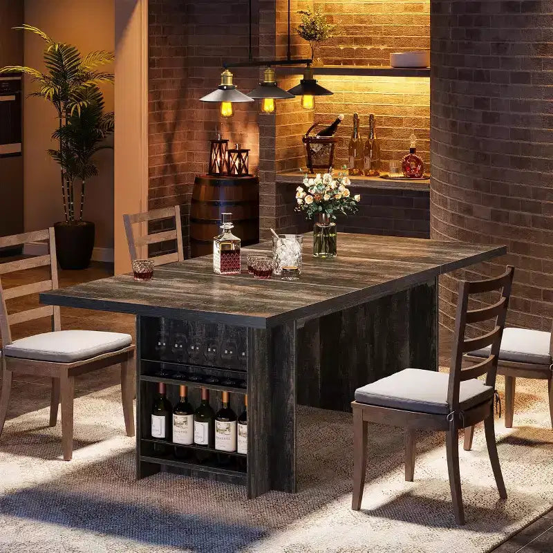 Table à manger rectangulaire de style rustique noire/marron/marron clair avec rangement pour 6 personnes