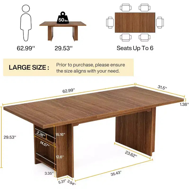 Table à manger rectangulaire de style rustique noire/marron/marron clair avec rangement pour 6 personnes