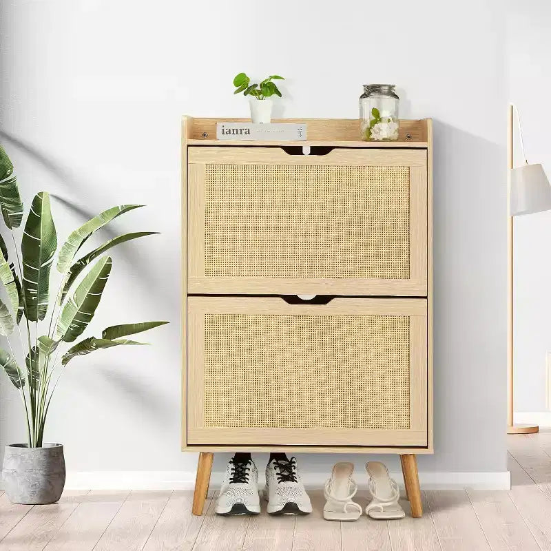 Shoe Racks/Cabinet - Hidden Shoe Storage with 2 Flip Rattan Flip-Drawer and Anti-Tip Design, 12-15 Pairs Storage Organizer