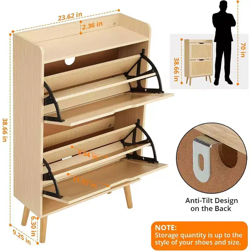 Meuble à chaussures à abattants en rotin naturel et MDF pour 1 personne