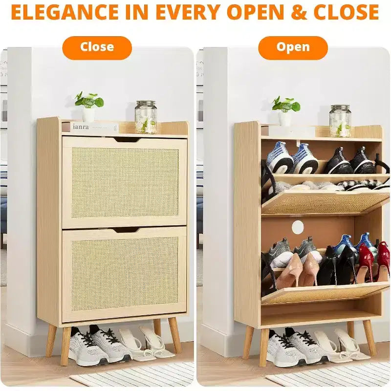 Meuble à chaussures à abattants en rotin naturel et MDF pour 1 personne