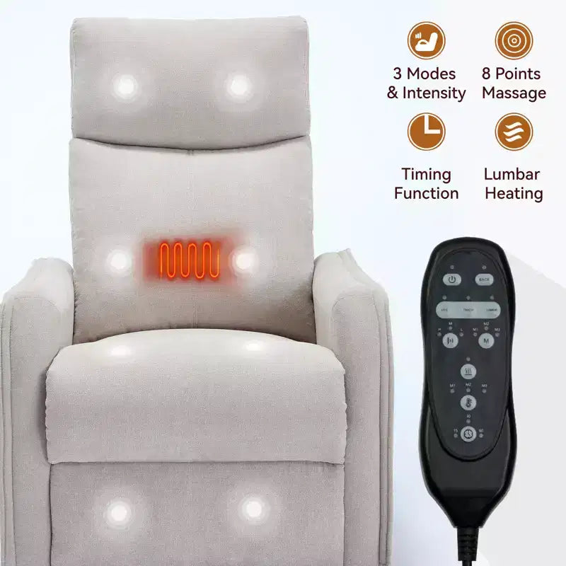 Fauteuil inclinable pivotant et à bascule en tissu beige/bleu/gris foncé/orange/blanc avec fonction chauffante et massante pour 1 personne