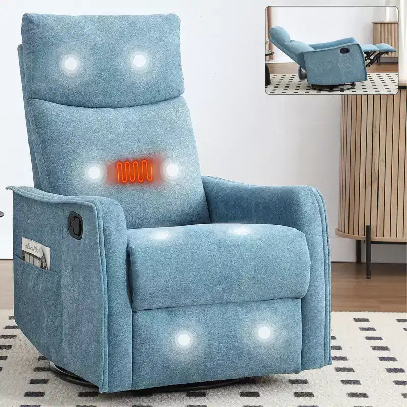Fauteuil inclinable pivotant et à bascule en tissu beige/bleu/gris foncé/orange/blanc avec fonction chauffante et massante pour 1 personne