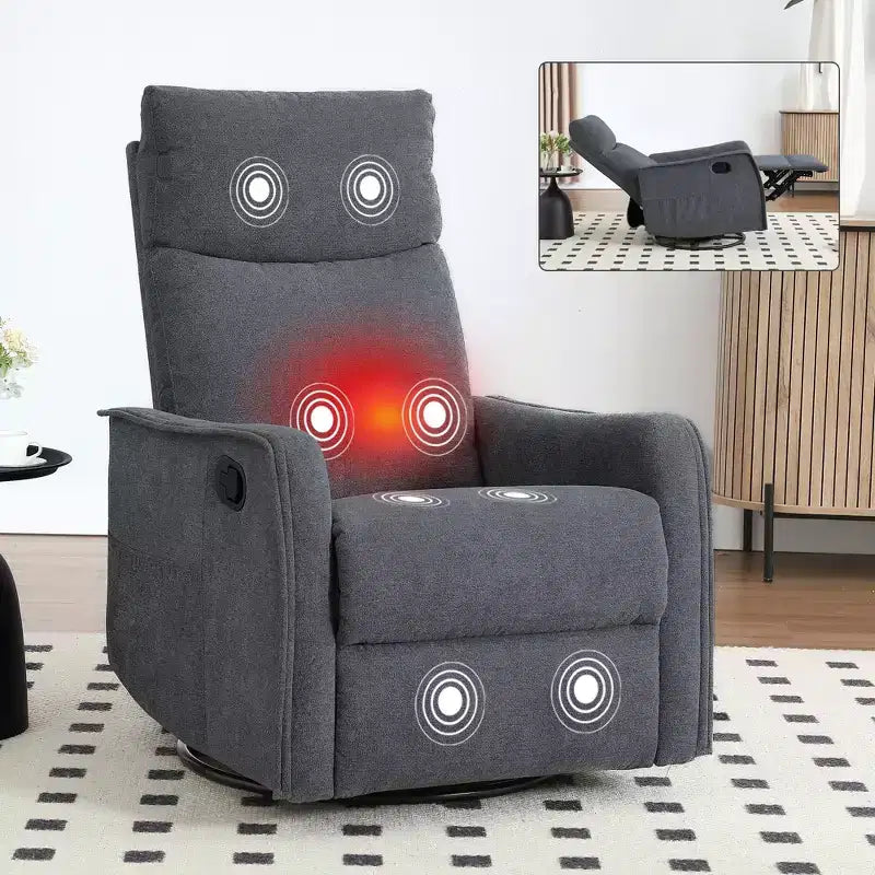 Fauteuil inclinable pivotant et à bascule en tissu beige/bleu/gris foncé/orange/blanc avec fonction chauffante et massante pour 1 personne