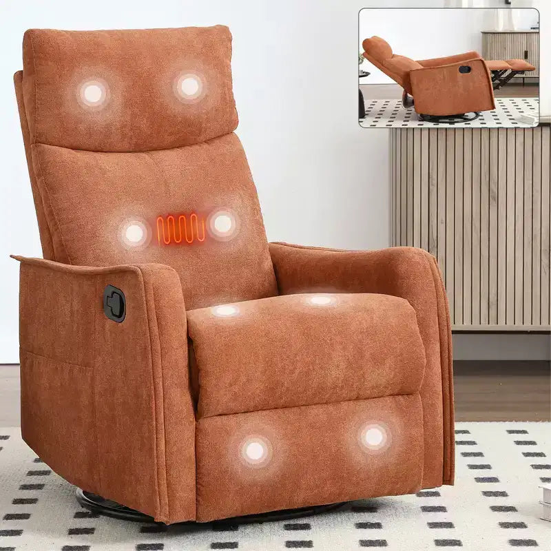 Fauteuil inclinable pivotant et à bascule en tissu beige/bleu/gris foncé/orange/blanc avec fonction chauffante et massante pour 1 personne