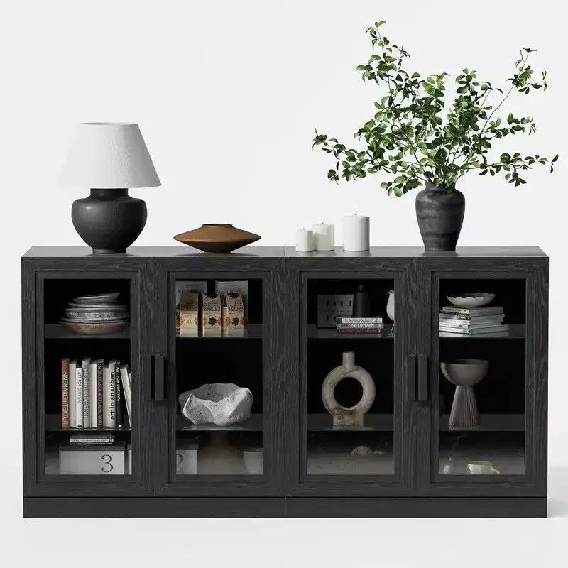 Buffet-bahut noir avec 4 portes vitrées et étagères réglables (1 pièce)