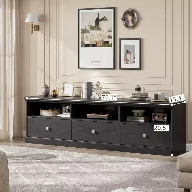 Meuble TV Mid-Century Beige/Noir/Gris/Blanc avec 3 Tiroirs pour 1