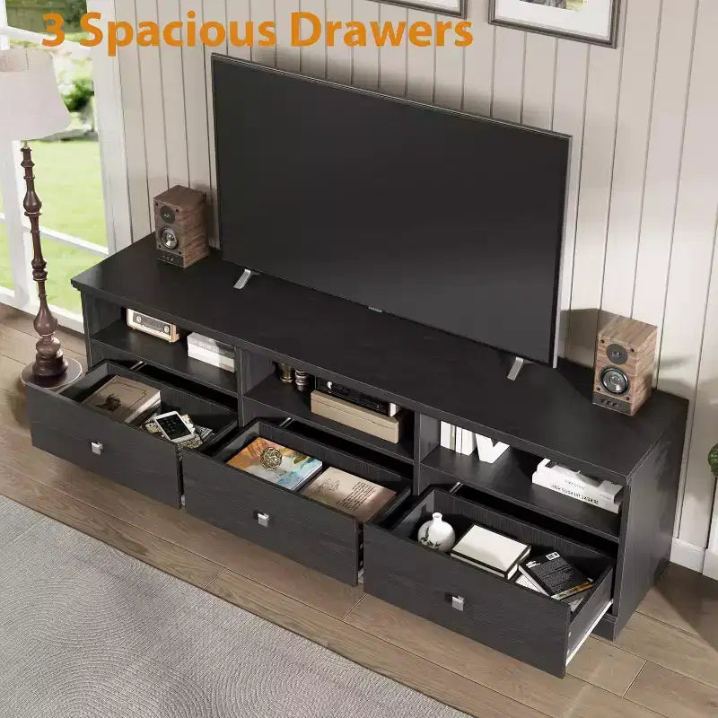 Meuble TV Mid-Century Beige/Noir/Gris/Blanc avec 3 Tiroirs pour 1
