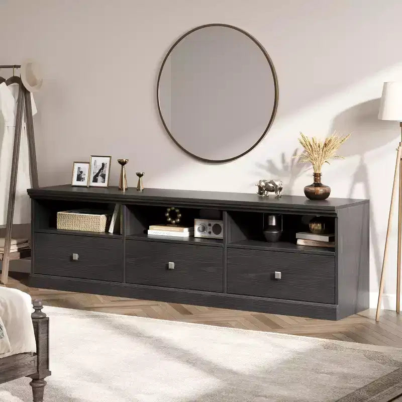 Meuble TV Mid-Century Beige/Noir/Gris/Blanc avec 3 Tiroirs pour 1