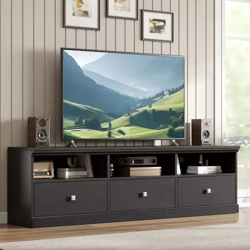 Meuble TV Mid-Century Beige/Noir/Gris/Blanc avec 3 Tiroirs pour 1