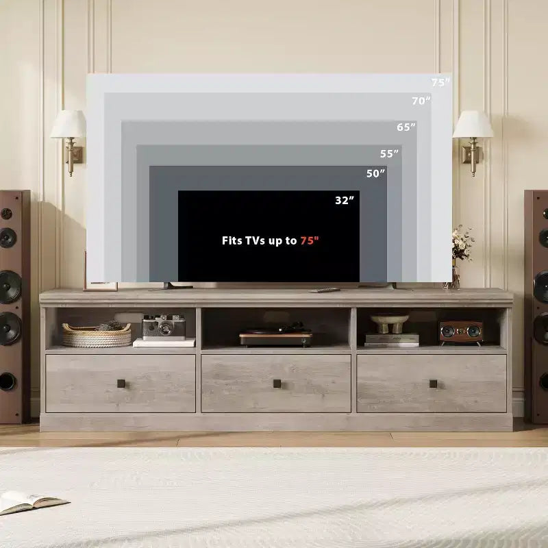 Meuble TV Mid-Century Beige/Noir/Gris/Blanc avec 3 Tiroirs pour 1