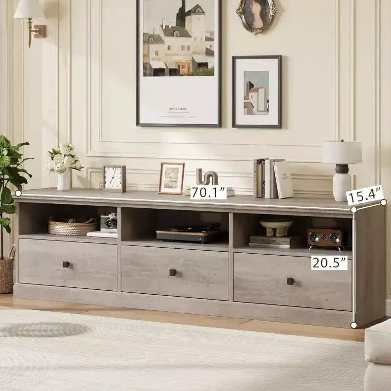 Meuble TV Mid-Century Beige/Noir/Gris/Blanc avec 3 Tiroirs pour 1