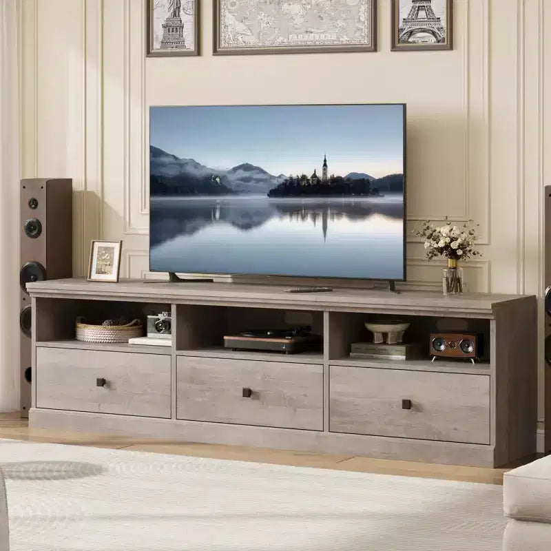 Meuble TV Mid-Century Beige/Noir/Gris/Blanc avec 3 Tiroirs pour 1