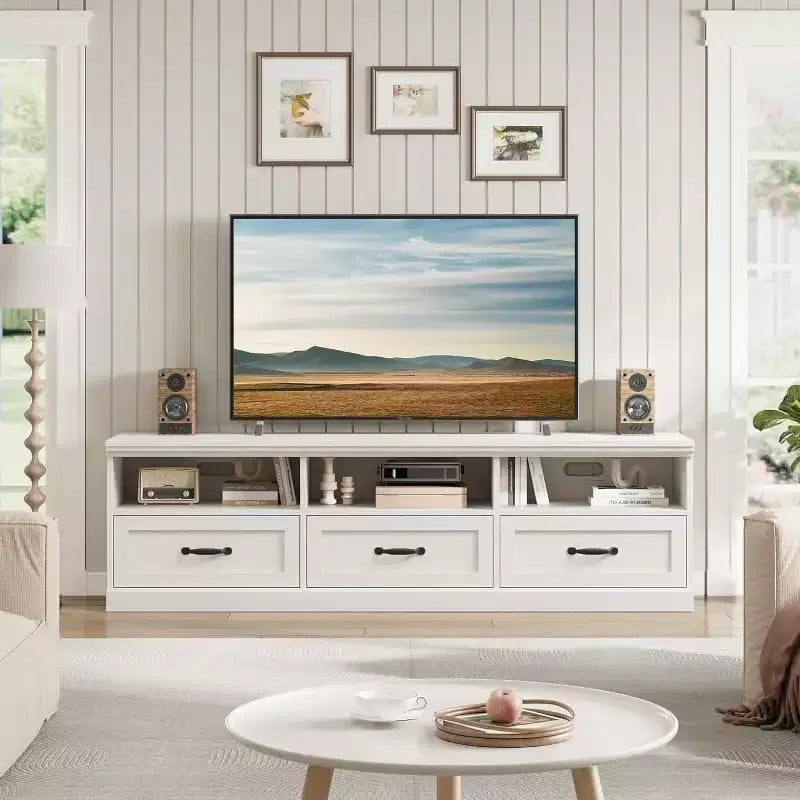 Meuble TV Mid-Century Beige/Noir/Gris/Blanc avec 3 Tiroirs pour 1