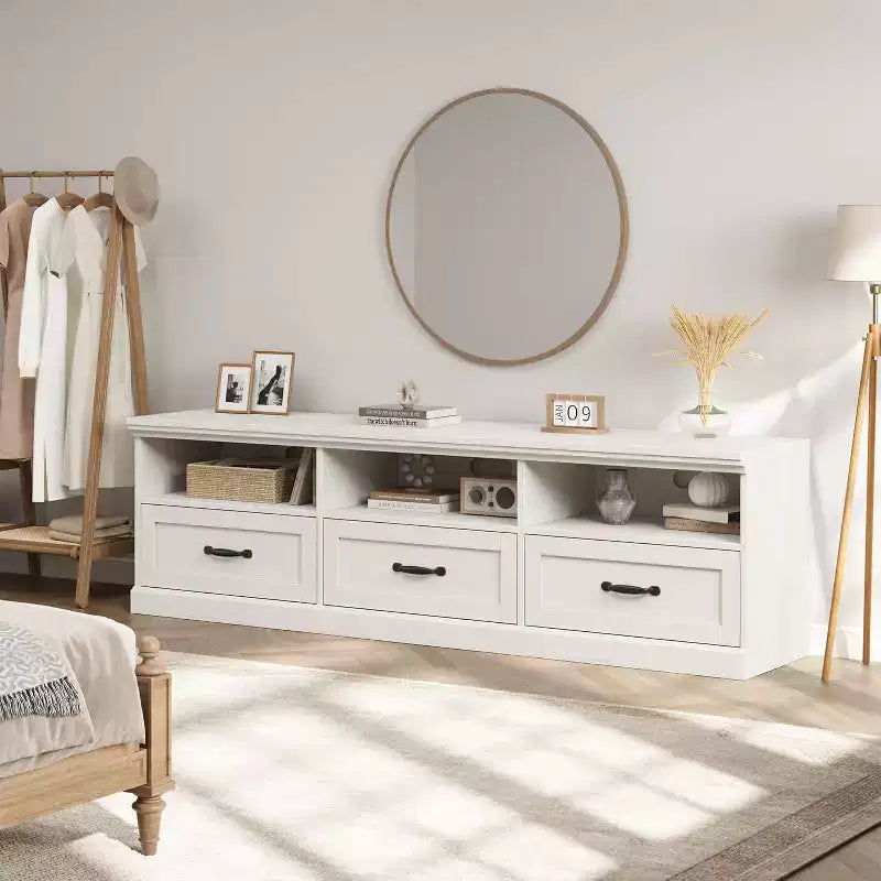 Meuble TV Mid-Century Beige/Noir/Gris/Blanc avec 3 Tiroirs pour 1