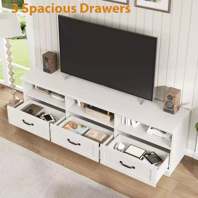 Meuble TV Mid-Century Beige/Noir/Gris/Blanc avec 3 Tiroirs pour 1
