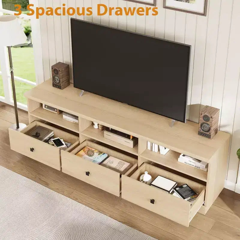Meuble TV Mid-Century Beige/Noir/Gris/Blanc avec 3 Tiroirs pour 1