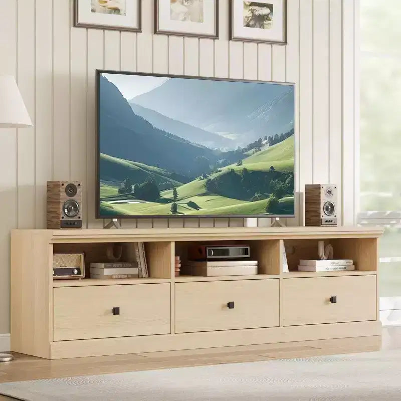 Meuble TV Mid-Century Beige/Noir/Gris/Blanc avec 3 Tiroirs pour 1