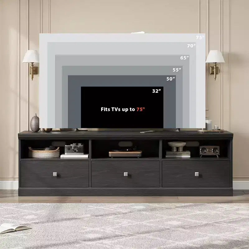 Meuble TV Mid-Century Beige/Noir/Gris/Blanc avec 3 Tiroirs pour 1