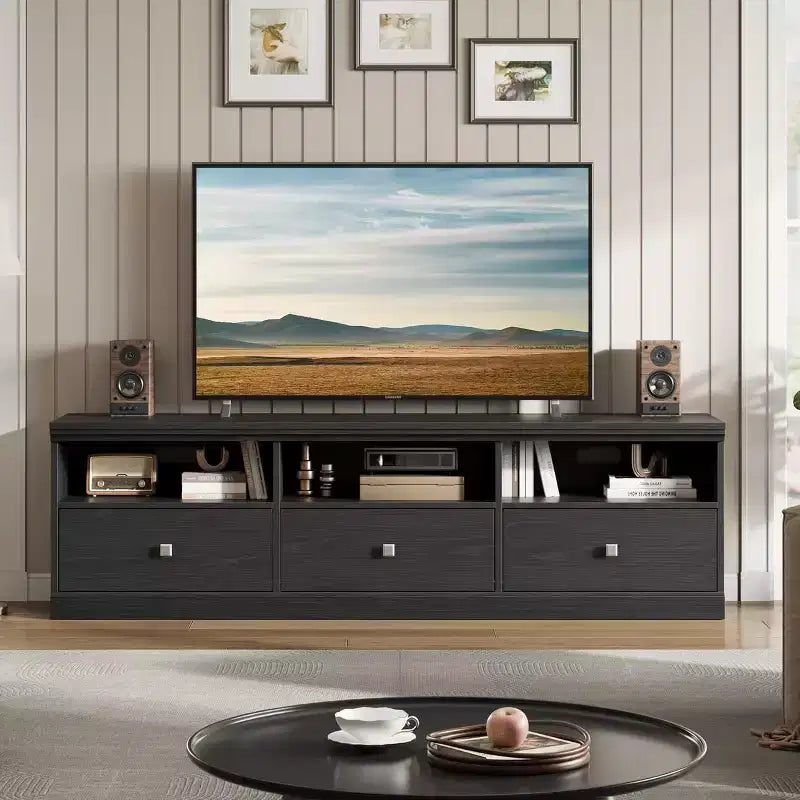 Meuble TV Mid-Century Beige/Noir/Gris/Blanc avec 3 Tiroirs pour 1