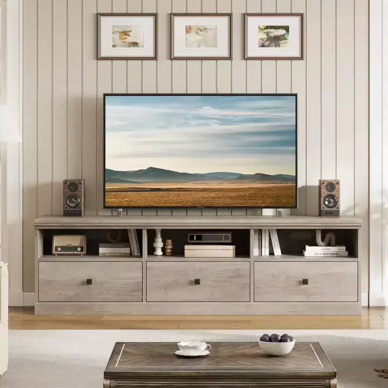 Meuble TV Mid-Century Beige/Noir/Gris/Blanc avec 3 Tiroirs pour 1