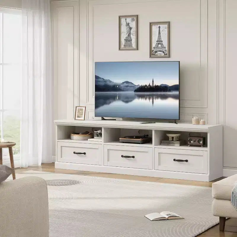 Meuble TV Mid-Century Beige/Noir/Gris/Blanc avec 3 Tiroirs pour 1