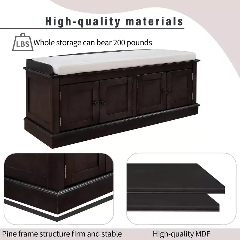 Banc de rangement pour chaussures avec portes et coussin, coloris Marine/Espresso/Gris/Blanc, pour 2 personnes