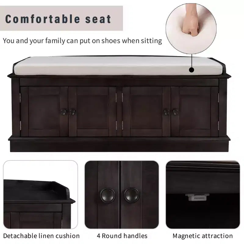 Banc de rangement pour chaussures avec portes et coussin, coloris Marine/Espresso/Gris/Blanc, pour 2 personnes