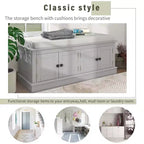 Banc de rangement pour chaussures avec portes et coussin, coloris Marine/Espresso/Gris/Blanc, pour 2 personnes