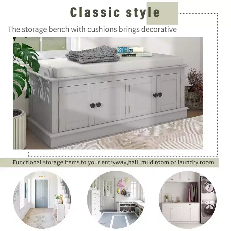 Banc de rangement pour chaussures avec portes et coussin, coloris Marine/Espresso/Gris/Blanc, pour 2 personnes