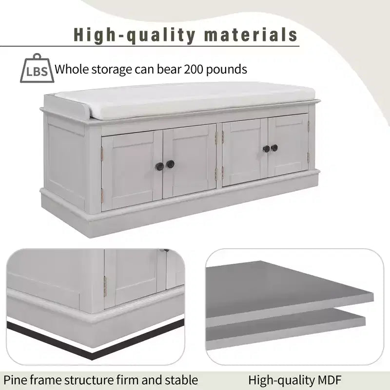 Banc de rangement pour chaussures avec portes et coussin, coloris Marine/Espresso/Gris/Blanc, pour 2 personnes