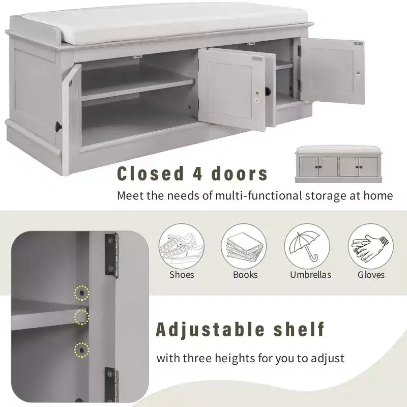 Banc de rangement pour chaussures avec portes et coussin, coloris Marine/Espresso/Gris/Blanc, pour 2 personnes