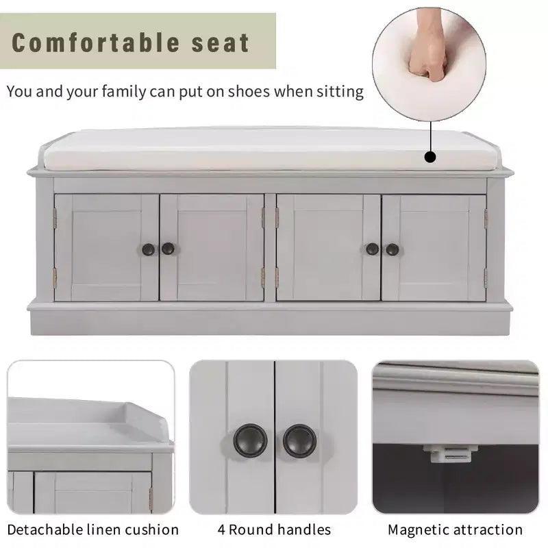 Banc de rangement pour chaussures avec portes et coussin, coloris Marine/Espresso/Gris/Blanc, pour 2 personnes