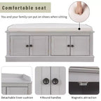 Banc de rangement pour chaussures avec portes et coussin, coloris Marine/Espresso/Gris/Blanc, pour 2 personnes