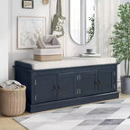 Banc de rangement pour chaussures avec portes et coussin, coloris Marine/Espresso/Gris/Blanc, pour 2 personnes