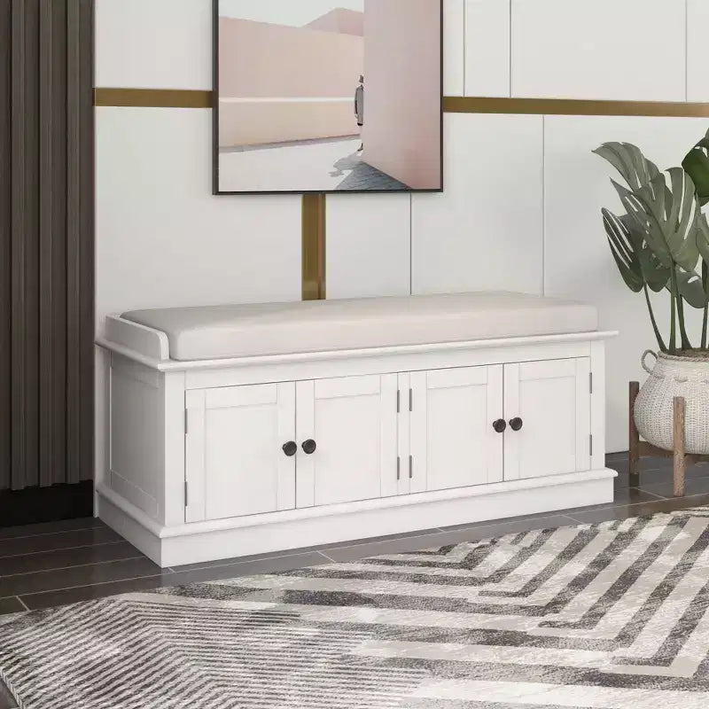 Banc de rangement pour chaussures avec portes et coussin, coloris Marine/Espresso/Gris/Blanc, pour 2 personnes