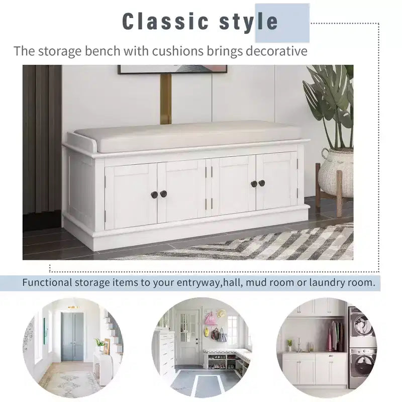 Banc de rangement pour chaussures avec portes et coussin, coloris Marine/Espresso/Gris/Blanc, pour 2 personnes