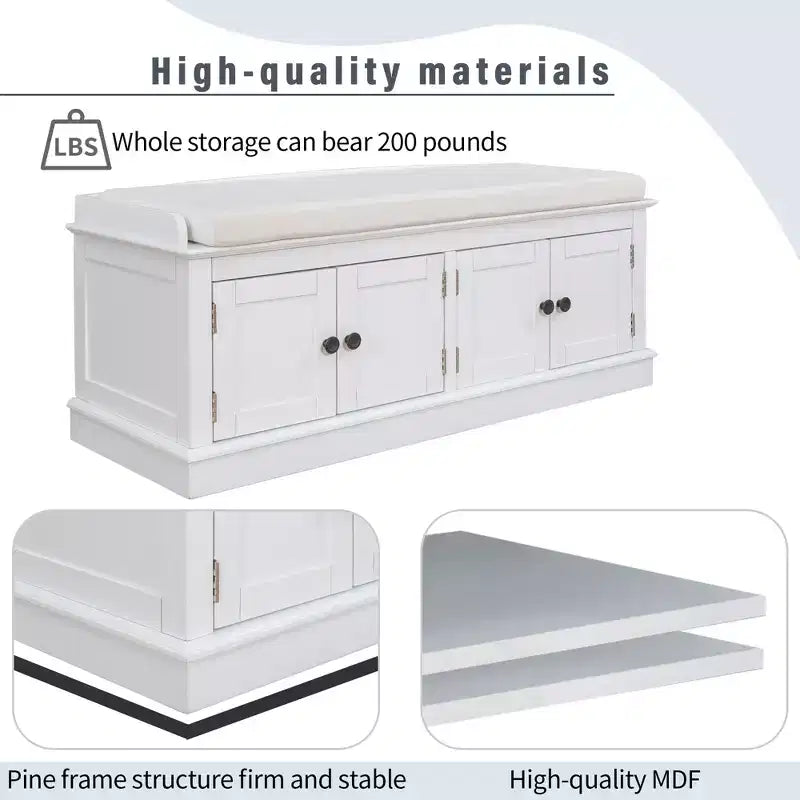 Banc de rangement pour chaussures avec portes et coussin, coloris Marine/Espresso/Gris/Blanc, pour 2 personnes