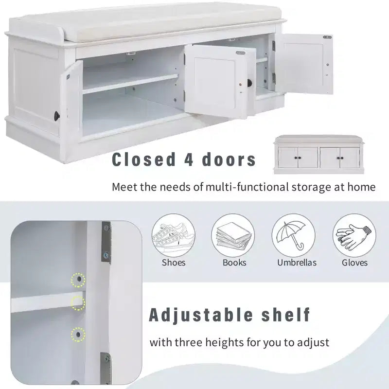 Banc de rangement pour chaussures avec portes et coussin, coloris Marine/Espresso/Gris/Blanc, pour 2 personnes