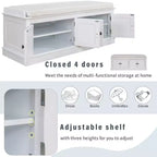 Banc de rangement pour chaussures avec portes et coussin, coloris Marine/Espresso/Gris/Blanc, pour 2 personnes