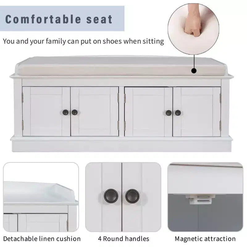 Banc de rangement pour chaussures avec portes et coussin, coloris Marine/Espresso/Gris/Blanc, pour 2 personnes