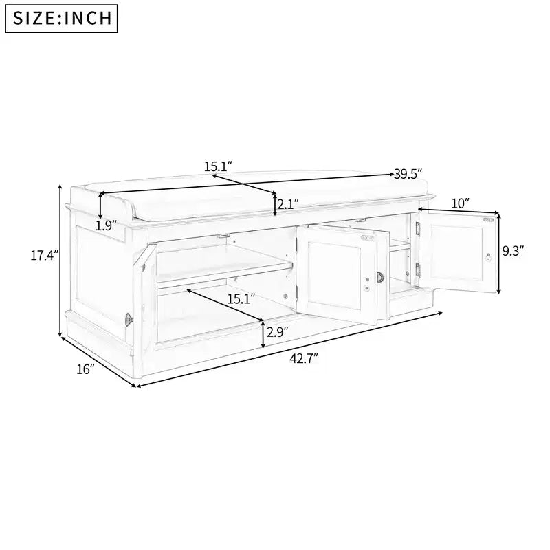 Banc de rangement pour chaussures avec portes et coussin, coloris Marine/Espresso/Gris/Blanc, pour 2 personnes