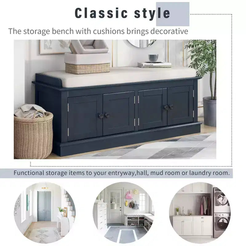 Banc de rangement pour chaussures avec portes et coussin, coloris Marine/Espresso/Gris/Blanc, pour 2 personnes