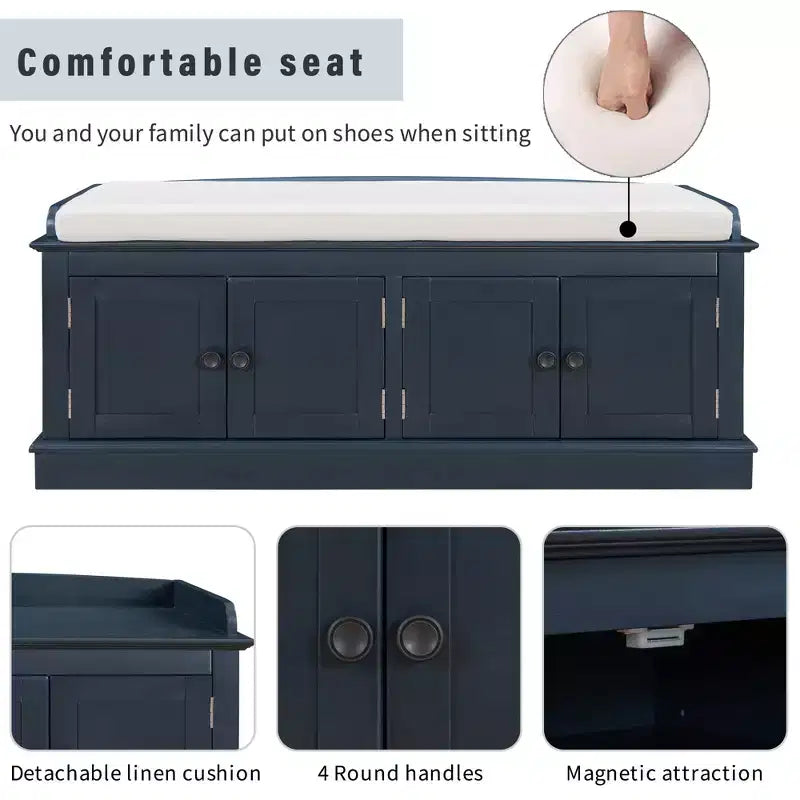 Banc de rangement pour chaussures avec portes et coussin, coloris Marine/Espresso/Gris/Blanc, pour 2 personnes