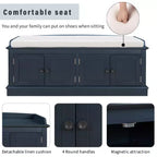 Banc de rangement pour chaussures avec portes et coussin, coloris Marine/Espresso/Gris/Blanc, pour 2 personnes