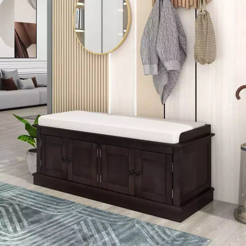 Banc de rangement pour chaussures avec portes et coussin, coloris Marine/Espresso/Gris/Blanc, pour 2 personnes