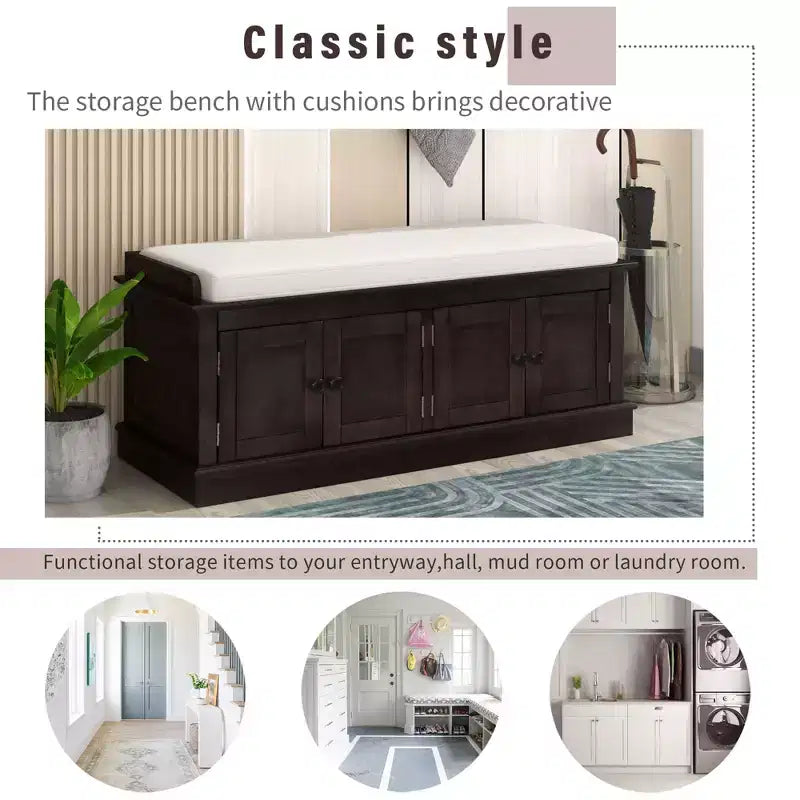 Banc de rangement pour chaussures avec portes et coussin, coloris Marine/Espresso/Gris/Blanc, pour 2 personnes